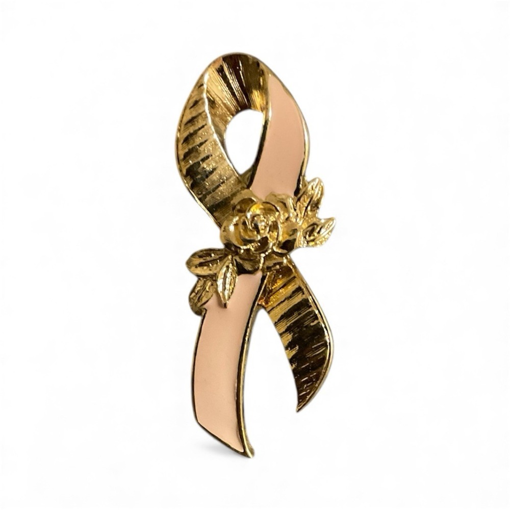 Vintage Avon Signed Pink Ribbon Rose Breast Cancer Lapel Pin Brooch Gold Tone
